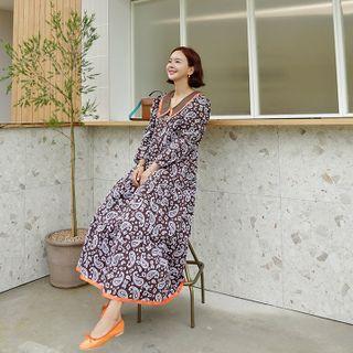 Chelsea-collar Piped Paisley Maxi Tiered Dress