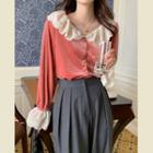Lace Panel Velvet Blouse Pink - One Size