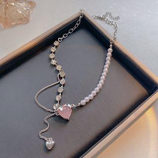 Heart Rhinestone Alloy Choker X873 - Silver & White - One Size