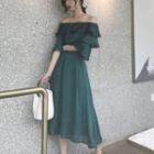 Set: Plain Off Shoulder 3/4 Sleeve Top + High Waist Midi Skirt