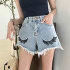 Embroidered Frayed High-waist Denim Shorts