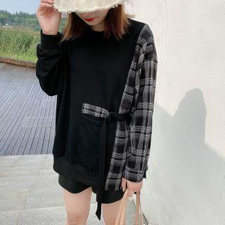 Plaid Panel Cinch-waist Sweatshirt Black - One Size
