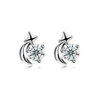 925 Sterling Silver Simple Star Moon Cubic Zirconia Stud Earrings Silver - One Size