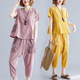 Set: Short-sleeve Ribbed T-shirt + Capri Straight-cut Pants