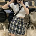 Short-sleeve Knit Polo Shirt / Plaid Mini A-line Skirt