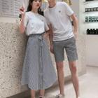 Couple Matching Crew-neck Short-sleeve T-shirt / Striped Midi A-line Skirt / Shorts