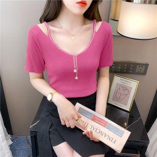 Short-sleeve Cutout Rhinestone Trim Knit Top