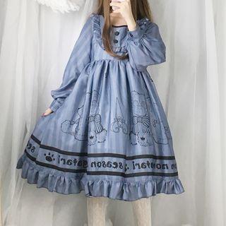 Bear Print Long-sleeve A-line Dress