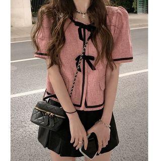 Short-sleeve Bow Accent Blouse / Mini A-line Skirt