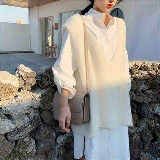 Plain Long-sleeve Loose-fit Shirt Dress / Plain V-neck Knit Vest