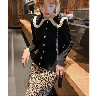 Long-sleeve Buttoned Knit Top / Leopard-print Midi Fitted Skirt