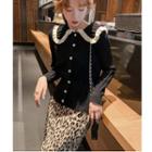 Long-sleeve Buttoned Knit Top / Leopard-print Midi Fitted Skirt