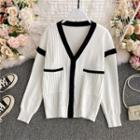 V-neck Color-block Knitted Cardigan White - One Size