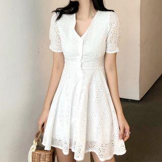 V-neck Lantern-sleeve Dress White - One Size