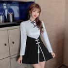 Set: Long-sleeve Tasseled Mini A-line Qipao Dress + Shorts
