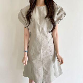 Round Neck Ruched Plain Tie-waist Puff Short Sleeve Dress