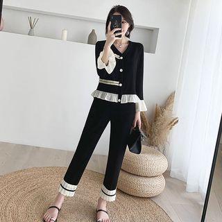 Set: Fringed Trim Ruffle Trim Cardigan + Cropped Pants