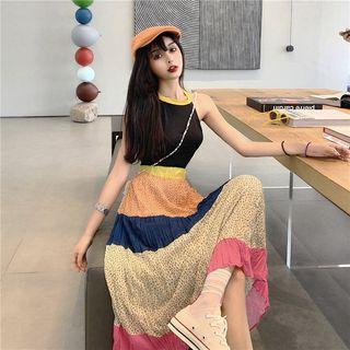 Contrast Trim Halter Top / Pleated Midi Skirt