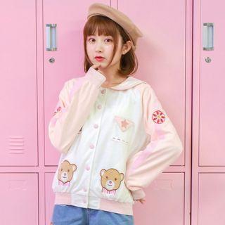 Bear Applique Sailor Collar Snap-button Jacket