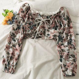 Boatneck Ruffle-trim Lace-up Crop Top White - One Size