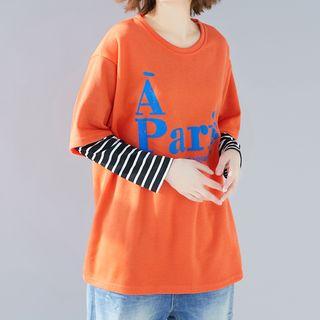 Mock Two-piece Lettering Long-sleeve Striped T-shirt