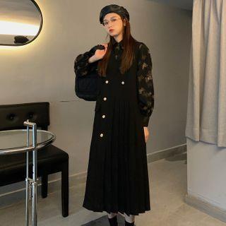 Butterfly Print Shirt / Pleated Midi A-line Dress
