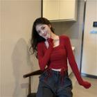 Square Neck Plain Pleated Long-sleeve Top