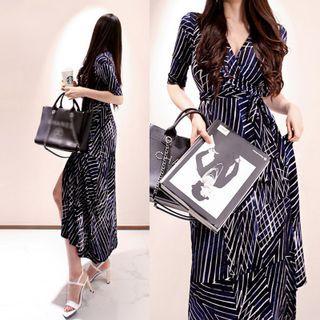 Short-sleeve Striped Tie-waist Midi A-line Dress