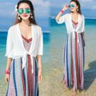 Striped Strappy Maxi Sun Dress / Elbow-sleeve Light Jacket / Set
