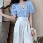 V-neck Puff-sleeve Blouse / Wide-leg Pants