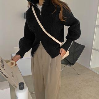 Puff-sleeve Ribbed Zip-up Jacket