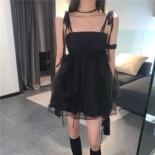 Spaghetti Strap Mesh Mini A-line Dress Black - One Size
