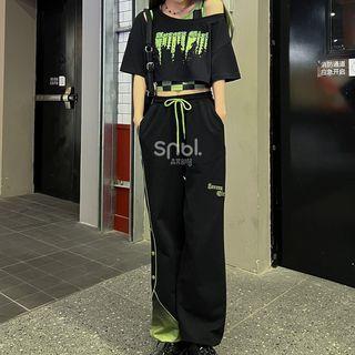 Short-sleeve Lettering Cropped T-shirt / Checkered Tank Top / Wide Leg Pants / Set