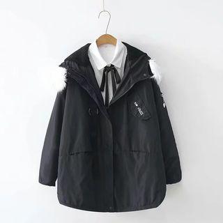 Furry-trim Lettering Embroidered Zip Hooded Jacket Black - One Size