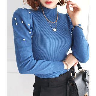 Faux-pearl Mockneck Knit Top