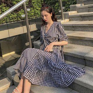 V-neck Frilled-hem Checked Dress Black - One Size