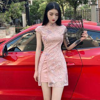 Short-sleeve Mandarin Collar Mini Sheath Lace Dress