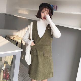 V-neck Corduroy Pinafore Dress