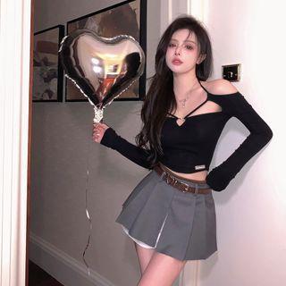 Long-sleeve Cold-shoulder Strappy Cropped T-shirt / Asymmetrical Mini Pleated Skirt