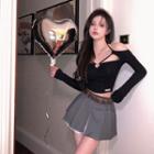 Long-sleeve Cold-shoulder Strappy Cropped T-shirt / Asymmetrical Mini Pleated Skirt