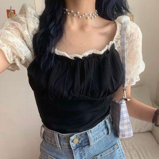 Puff-sleeve Lace Panel Frill Trim Top / Puff-sleeve Lace Panel Frill Trim Dress