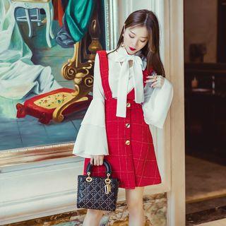 Set: Tie-neck Chiffon Top + Woolen Suspender Skirt