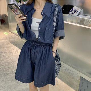 Pocket-front Short-sleeve Denim Shirt/ Drawstring Wide-leg Denim Shorts