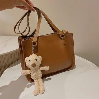 Plain Faux Leather Shoulder Bag / Bag Charm / Set
