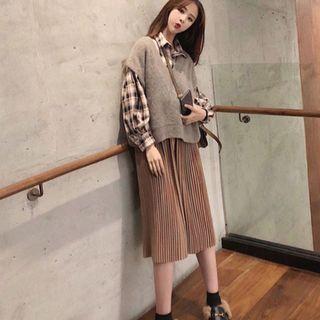 Set: Plaid Shirt + V-neck Vest + Pleated A-line Skirt