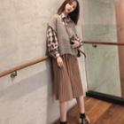 Set: Plaid Shirt + V-neck Vest + Pleated A-line Skirt