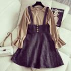 Set: Lantern-sleeve Chiffon Blouse + Woolen Suspender Dress