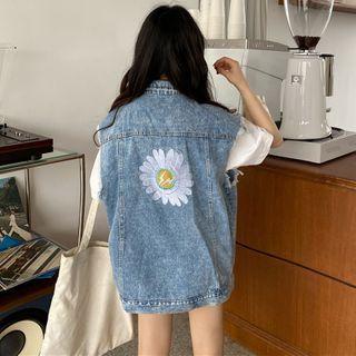 Floral Embroidered Button Denim Vest