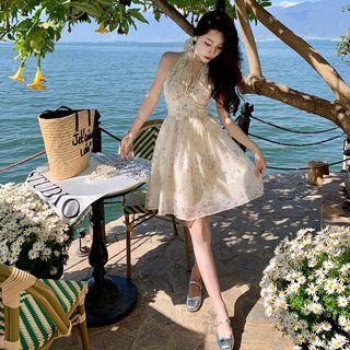 Sleeveless Halter Neck Floral Chiffon Mini A-line Dress