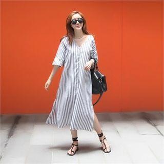 Tie-back Stripe Shift Dress Beige - One Size